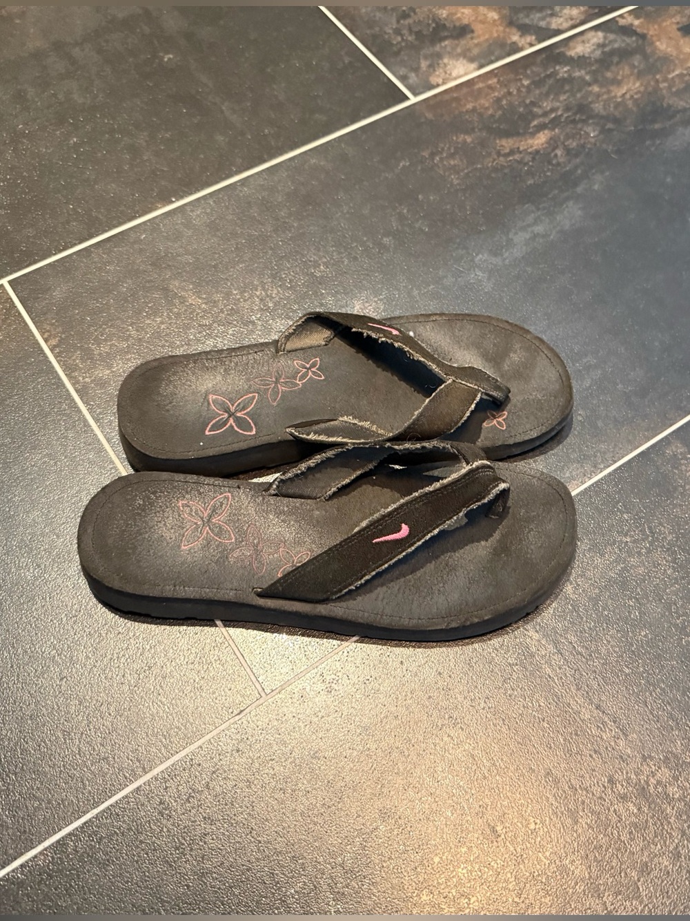 Nike Vintage Black Platform Flip Flops With Pink Nike Swoosh & Floral Embroidery